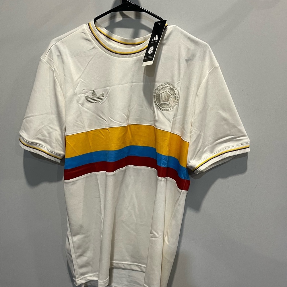 Adidas Men's White Jersey with Yellow, Blue, and Red Stripes